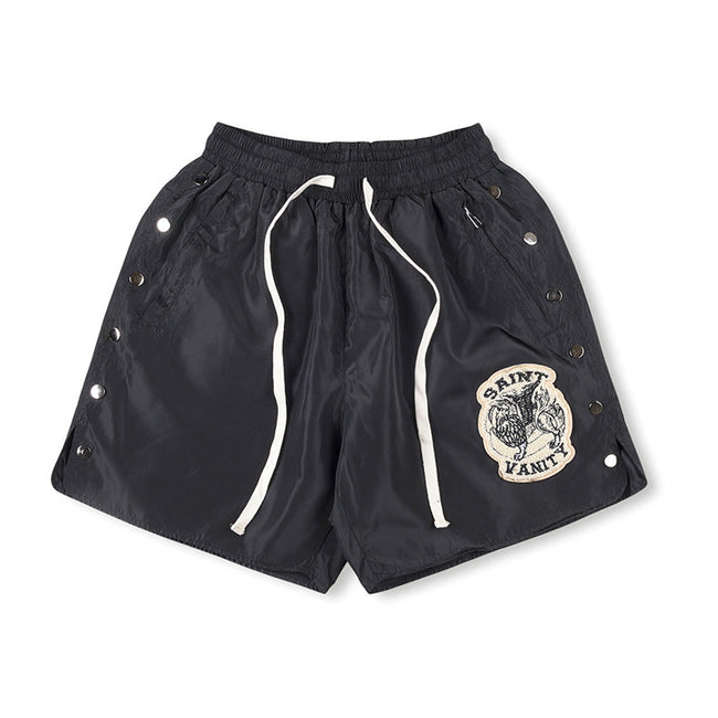 SAINT VANITY Graphic Side-Snap Nylon Shorts - Black Hover Image