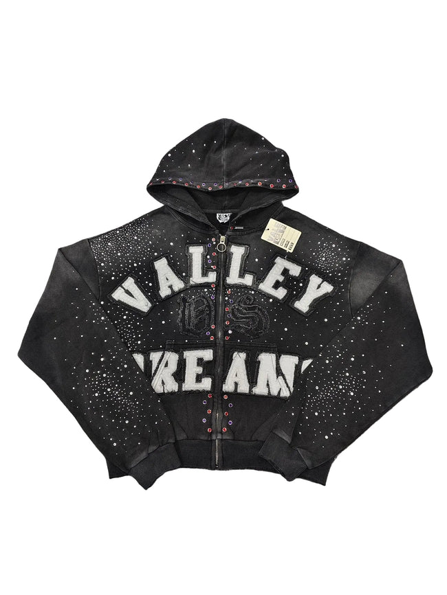Valley Dreams Rhinestone Zip‑Up Hoodie, Unisex Black Washed Streetwear Jacket Hover Image