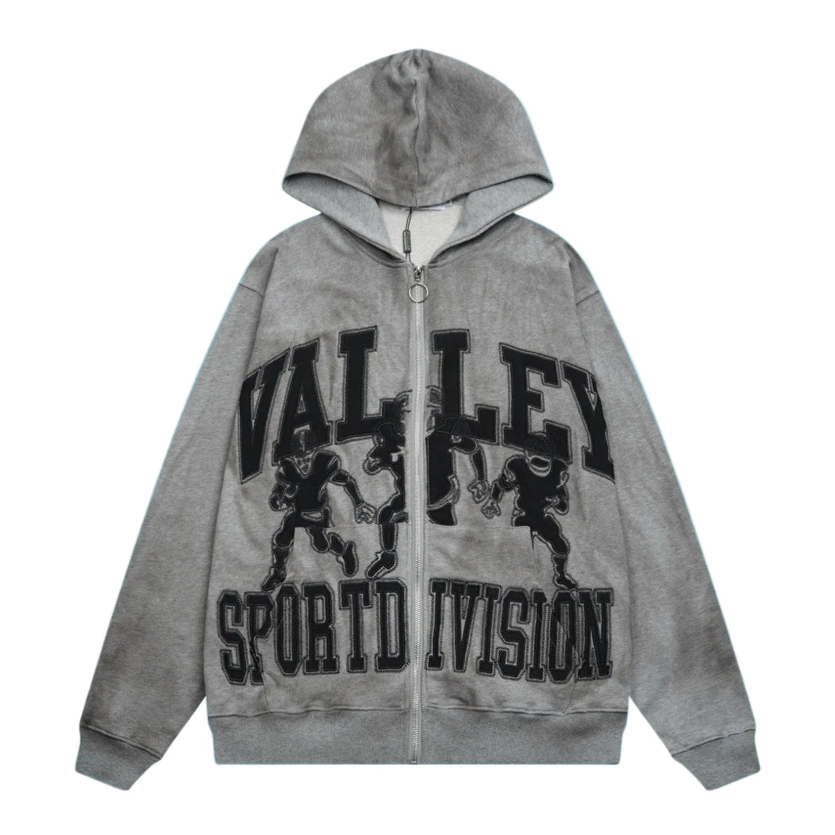 Valley Sport Division Graphic Zip‑Up Hoodie, Unisex Grey Vintage Streetwear Jacket