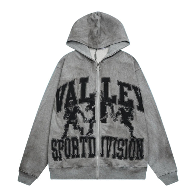 Valley Sport Division Graphic Zip‑Up Hoodie, Unisex Grey Vintage Streetwear Jacket Hover Image
