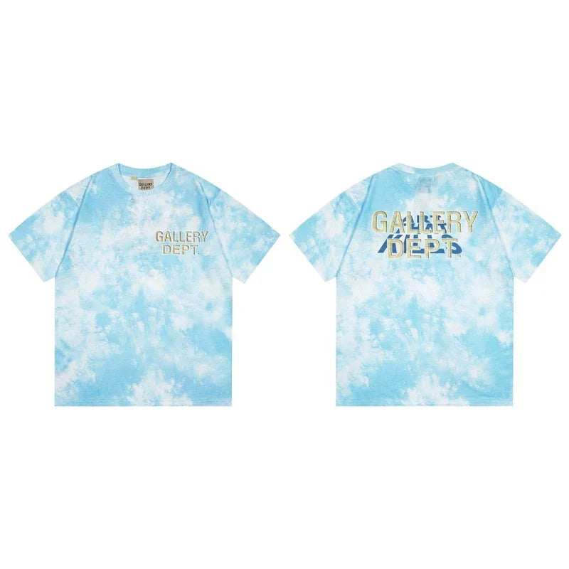 Gallery Dept. Marble Tie-Dye Gold Logo Short Sleeve T-Shirt - Light Blue