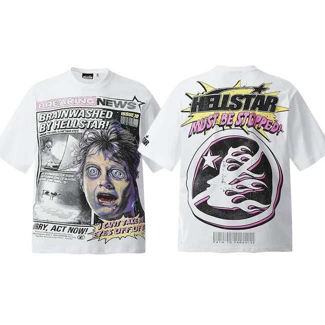 Hellstar White Newspaper Portrait Print Tee Hover Image