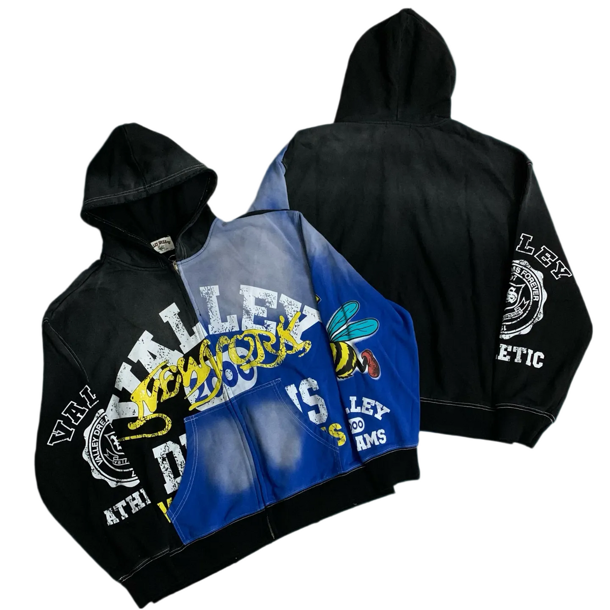 Valley New‑York Bee Patchwork Zip‑Up Hoodie, Unisex Black‑Blue Vintage Streetwear Jacket