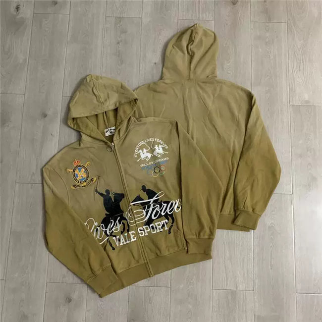 VALEFOREVER Khaki Gradient Cowboy Graphic Zip Up Hoodie Hover Image