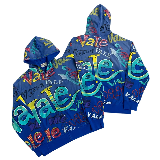 Valley All‑Over Graffiti Print Zip‑Up Hoodie, Unisex Blue Vintage Streetwear Jacket Hover Image