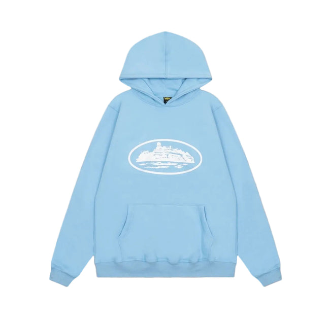 Sky Blue Vintage Graphic Hoodie – Oversized Streetwear Pullover Sweatshirt Hover Image
