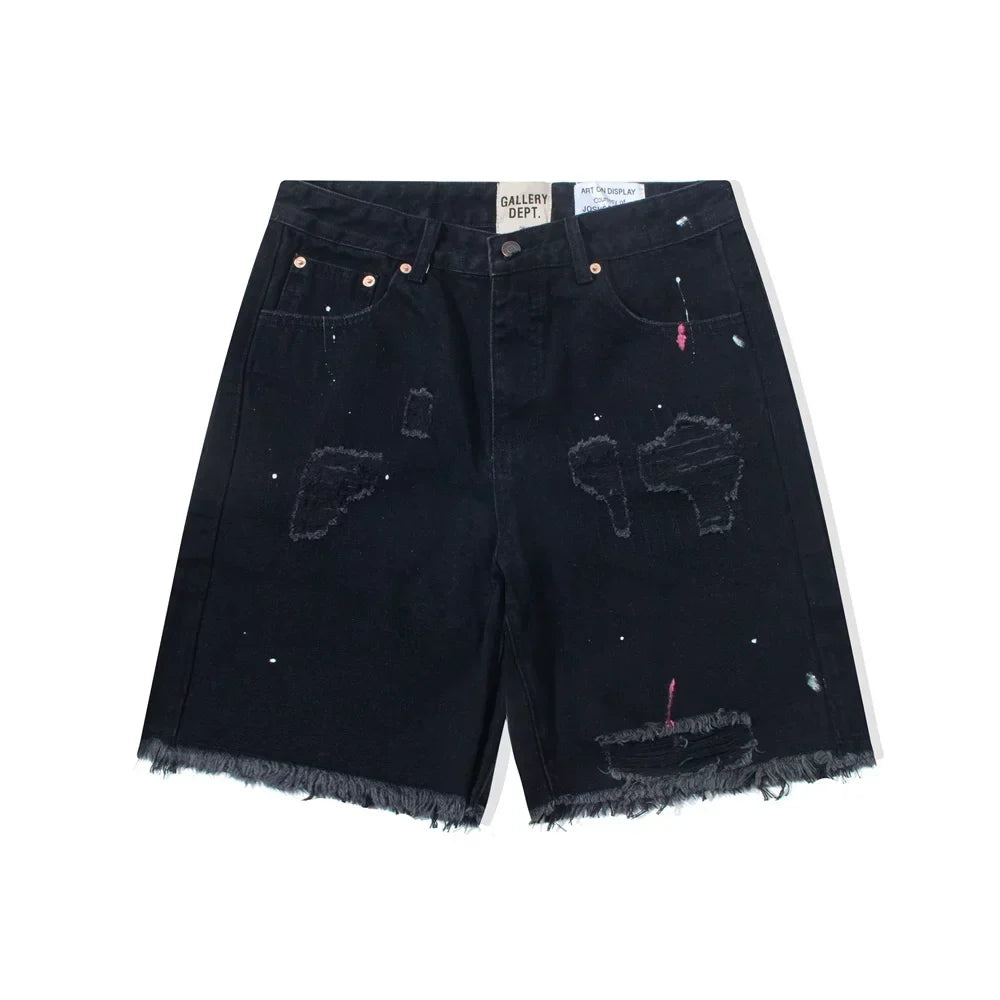 Gallery Dept. Distressed Paint Splatter Black Denim Shorts