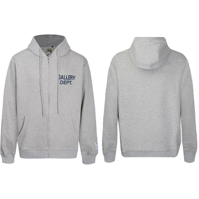 Gallery Dept Heather Grey Navy Blue Logo Full Zip Up Hoodie Hover Image