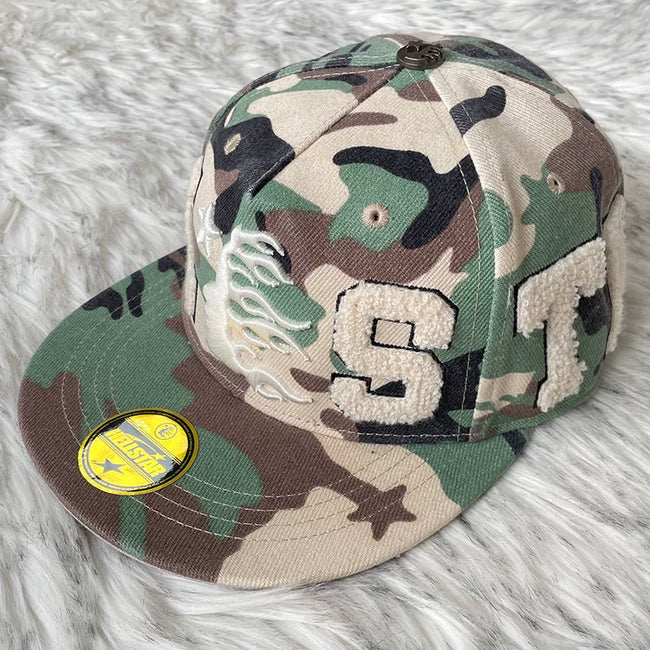 Hellstar Camo Neon Green Chenille Letter Flat Brim Cap Hover Image