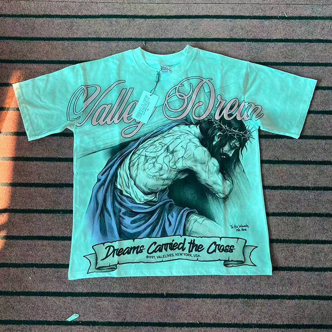 Valleydream Off White Religious Figure Vintage Script Valley Dreams T-Shirt Hover Image