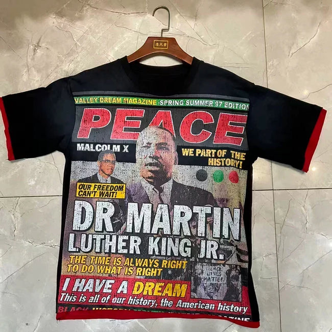 Valleydream MLK Peace Portrait Vintage Ringer Tee Black Red Hover Image