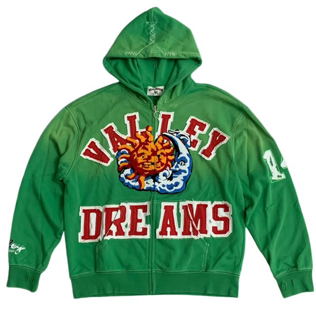 Valley Dreams Sun‑Moon Graphic Zip‑Up Hoodie, Unisex Green Vintage Streetwear Jacket Hover Image