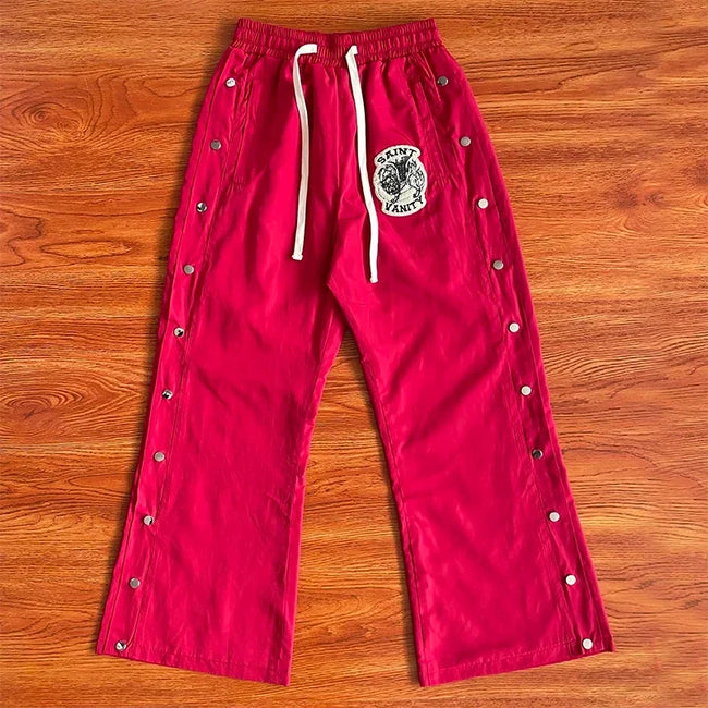 SAINT VANITY Embroidered Rivet Sports Style Casual Windbreaker Pants - Red Hover Image