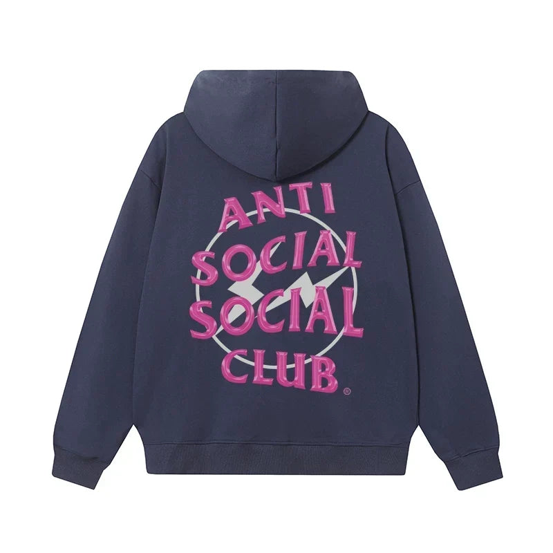 Anti Social Social Club Pink Lightning Circle Logo Hoodie - Navy Blue