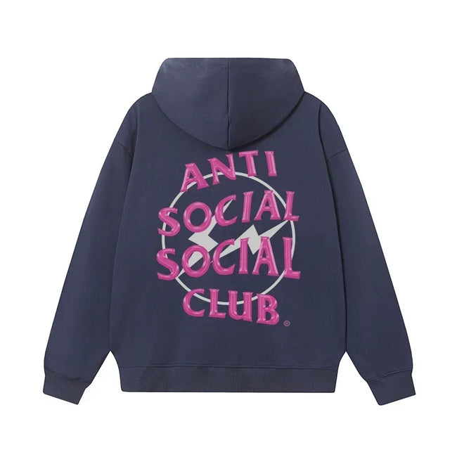Anti Social Social Club Pink Lightning Circle Logo Hoodie - Navy Blue Hover Image