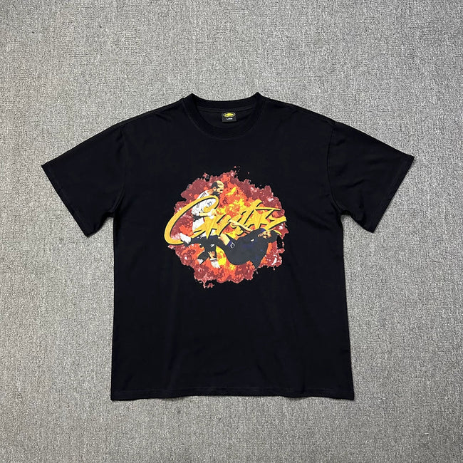Corteiz Flame Script Logo Black T-Shirt — Bold Streetwear Tee with Fiery Handstyle Print Hover Image