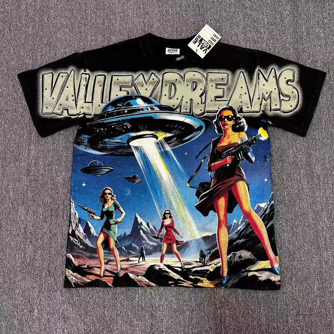 VALEFOREVER Black UFO Space Pinup Retro Sci-Fi Graphic Short Sleeve T-Shirt Hover Image