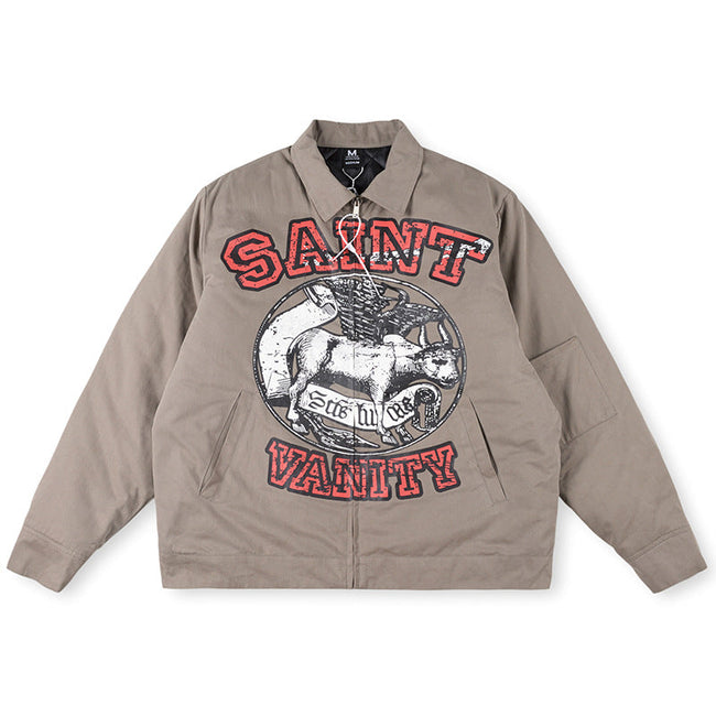 Saint Vanity Bull Graphic Zip Work Jacket - Khaki Hover Image