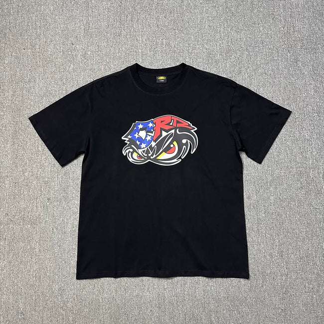 Corteiz Eagle Eye Graphic Black T-Shirt — Patriotic Streetwear Tee with Bold Motorcycle Print Hover Image