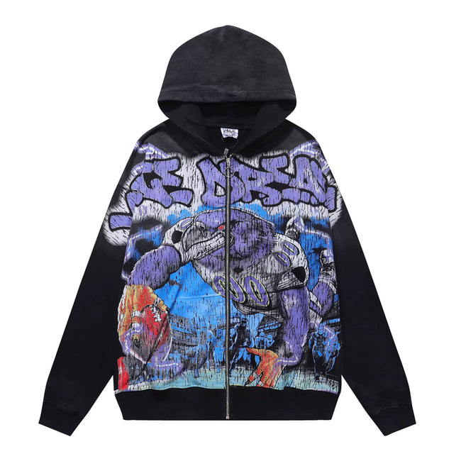 VALEFOREVER Black Graffiti Skull Full Print Zip Hoodie Hover Image
