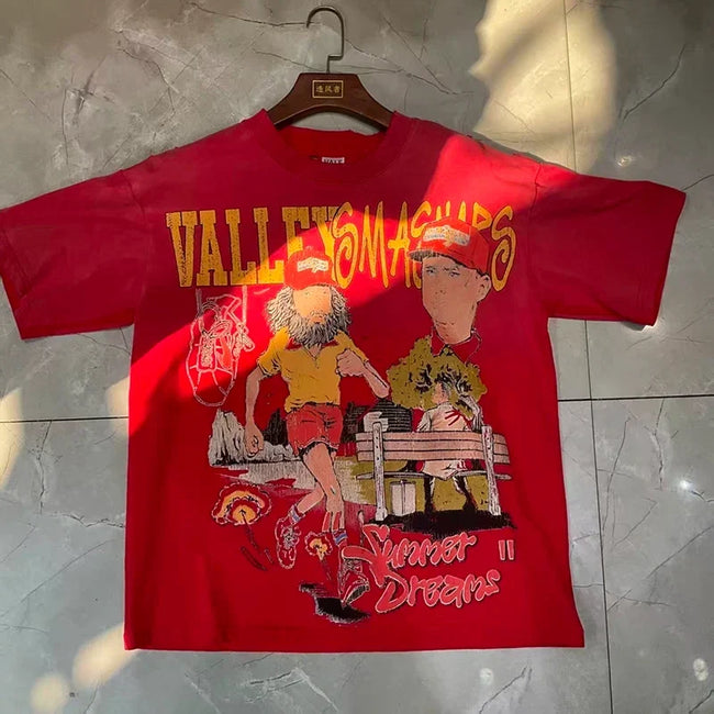 Valleydream Red Summer Cartoon Character Vintage Graphic T-Shirt Hover Image