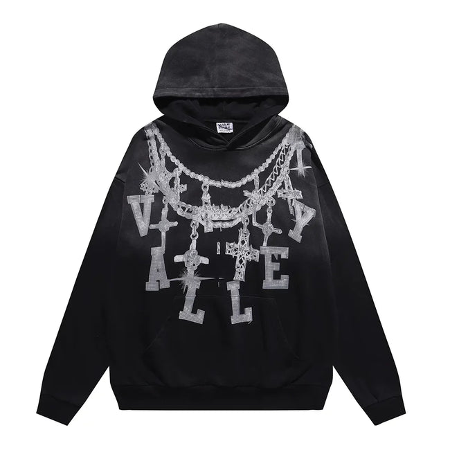 VALEFOREVER Black Chain Letter Distressed Zip Up Hoodie Hover Image