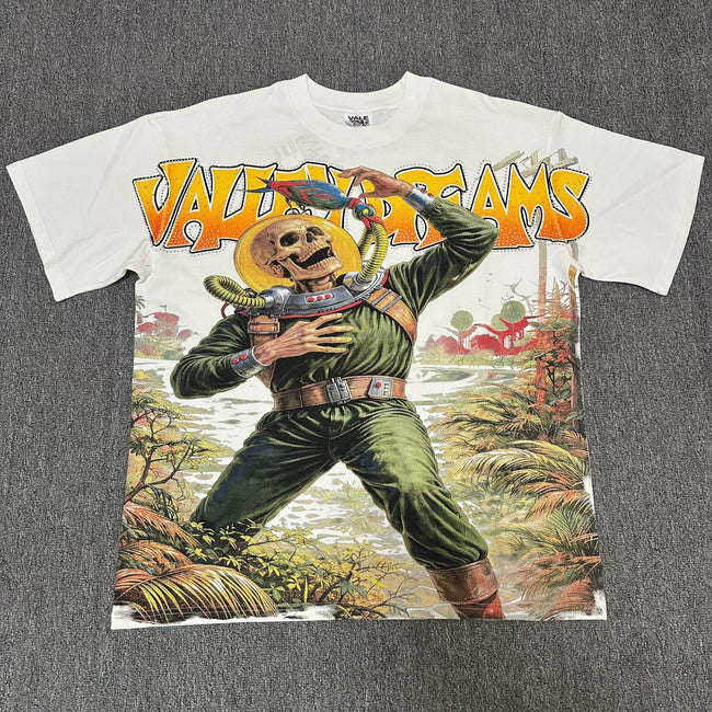 VALEFOREVER White Skeleton Astronaut Vintage Graphic Short Sleeve T-Shirt Hover Image