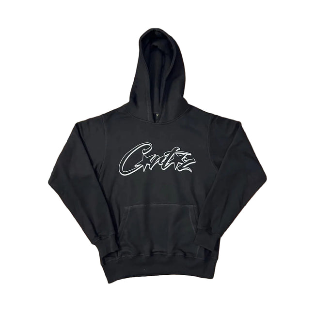 Black Script Logo Hoodie – Oversized Streetwear Pullover Sweatshirt Hover Image