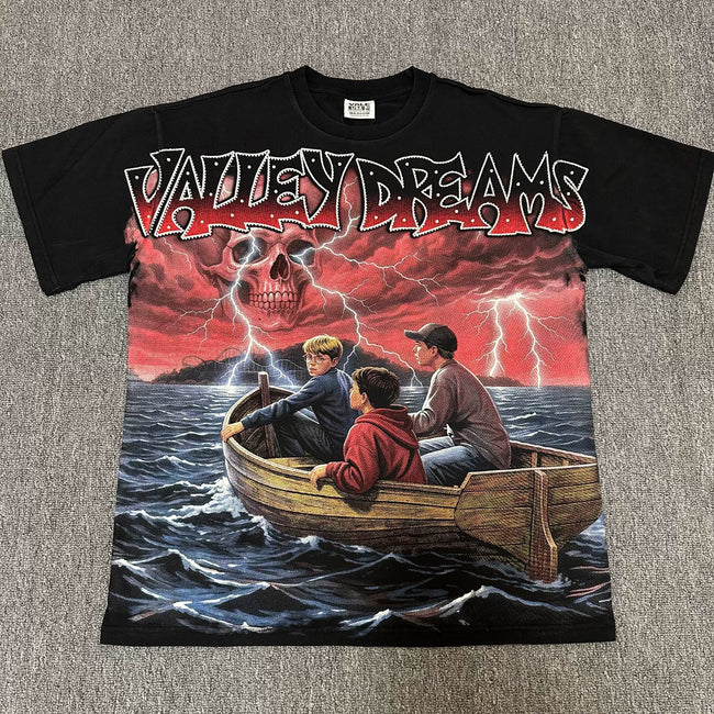 VALEFOREVER Black Storm Boat Skull Retro Horror Graphic Short Sleeve T-Shirt Hover Image