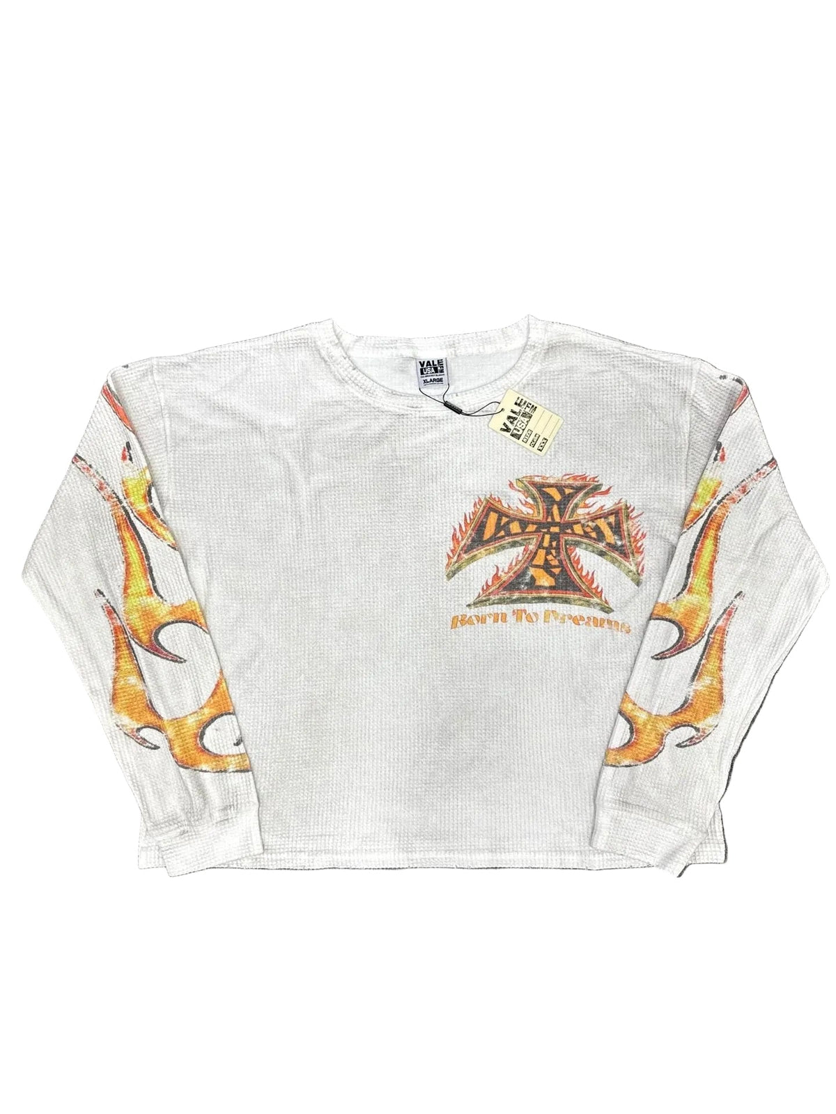 Vintage Flame Cross Print Waffle‑Knit Long‑Sleeve Top, Unisex Off‑White Y2K Streetwear Shirt