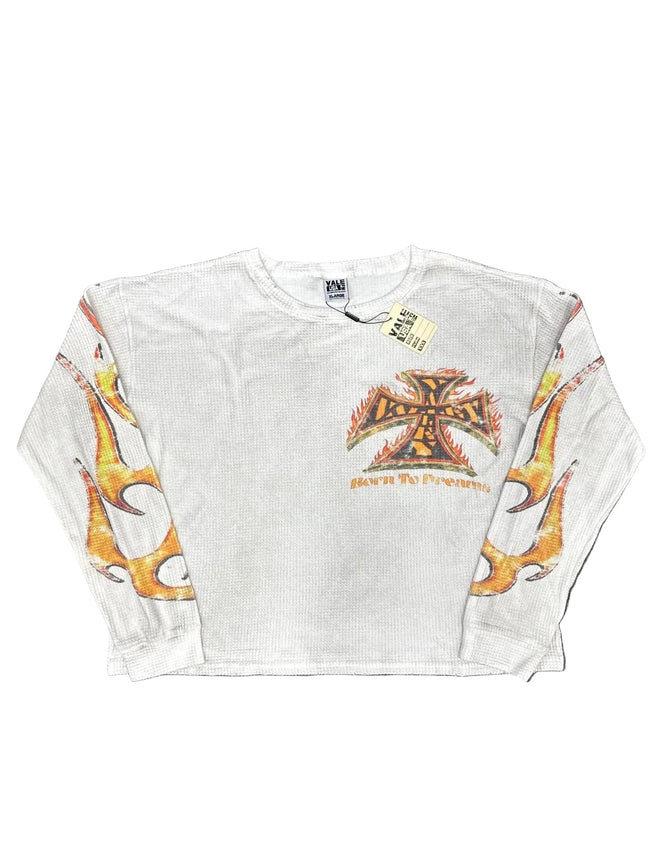 Vintage Flame Cross Print Waffle‑Knit Long‑Sleeve Top, Unisex Off‑White Y2K Streetwear Shirt Hover Image