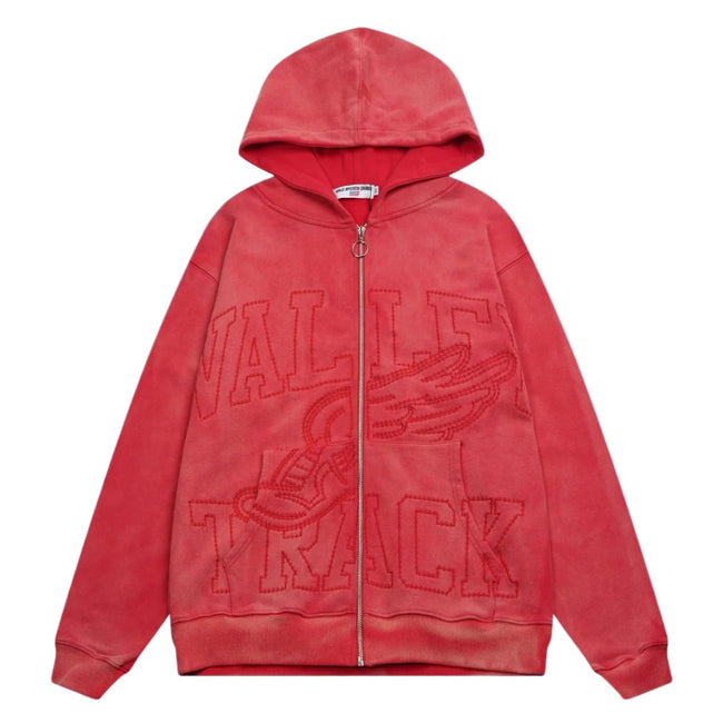 Valley Track Embossed Zip‑Up Hoodie, Unisex Red Vintage Streetwear Jacket Hover Image