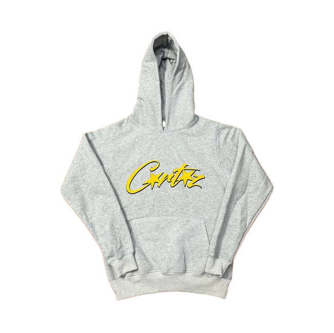 Grey Script Logo Hoodie – Oversized Streetwear Pullover Sweatshirt Hover Image