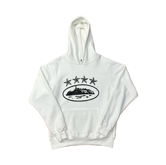 White Vintage Star Graphic Hoodie – Oversized Streetwear Pullover Sweatshirt Hover Image