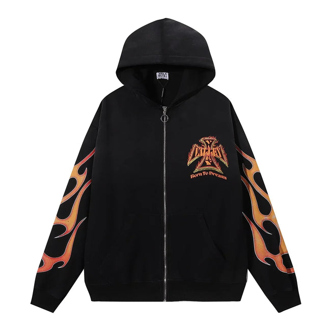 VALEFOREVER Black Flame Sleeve Logo Zip Up Hoodie Hover Image