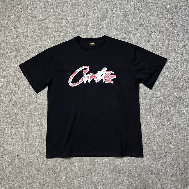 Corteiz Graffiti Script Logo Black T-Shirt — Bold Streetwear Tee with Signature Handstyle Print Hover Image
