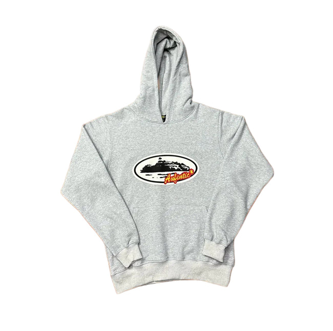 Grey Vintage Oval Graphic Hoodie – Oversized Streetwear Pullover Sweatshirt Hover Image