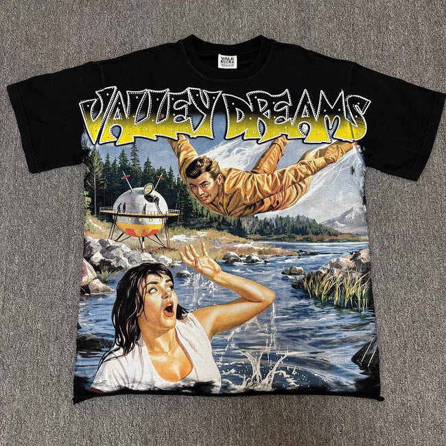 VALEFOREVER Black Retro River Panic Movie Graphic Short Sleeve T-Shirt Hover Image