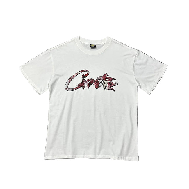 Corteiz Flame Script Logo White T-Shirt — Bold Streetwear Tee with Fiery Handstyle Print Hover Image