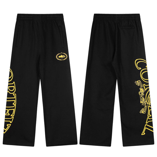 Black Graphic Straight-Leg Sweatpants | Luxury Streetwear Pants with Gold Side Print Detail Hover Image