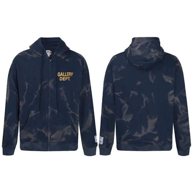 Gallery Dept. "Water Ripple" Zip Hoodie – Navy Blue Tie-Dye, Gold Logo Hover Image