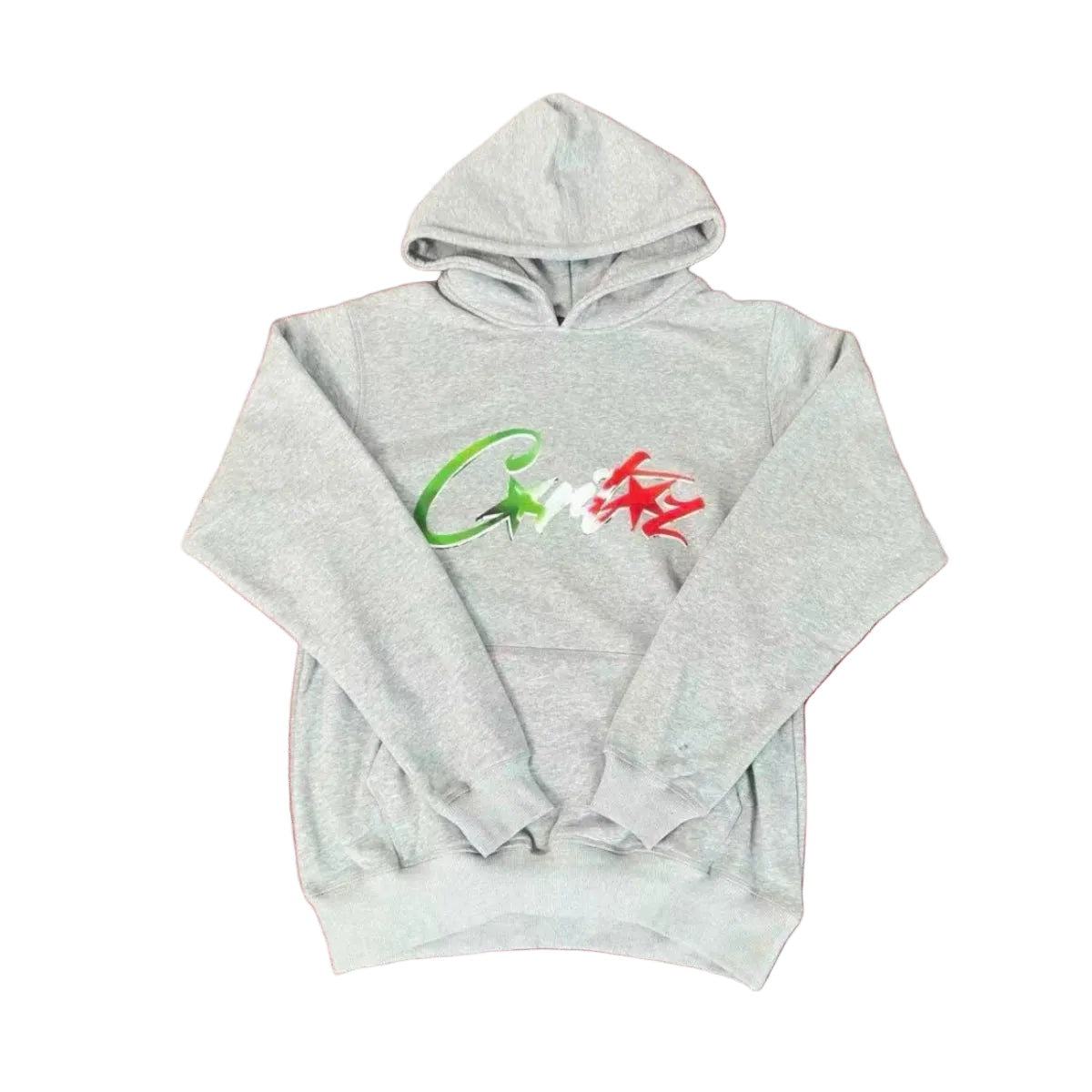 Corteiz “C-Logo” Grey Hoodie — Colorful Star Graphic on Oversized Streetwear Pullover