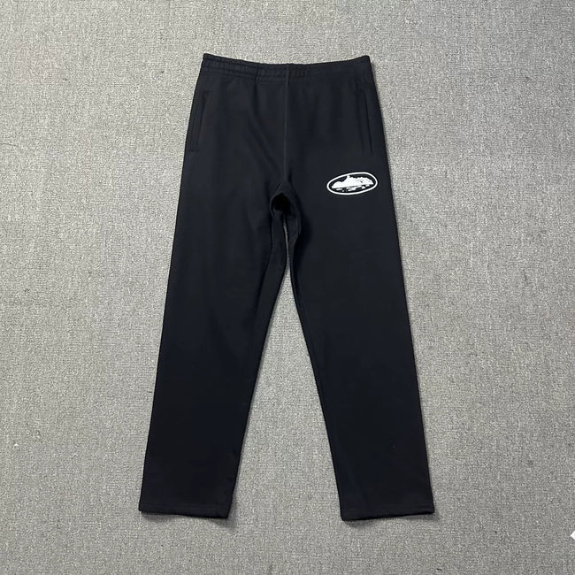 Black Straight-Leg Sweatpants | Minimalist Streetwear Pants with Logo Detail Hover Image