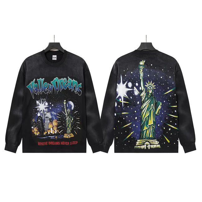 VALLEYDREAM Black Statue Of Liberty Vintage Graphic Long Sleeve T Shirt Hover Image