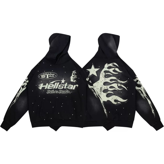 HELLSTAR Black Rhinestone Star Flame Hoodie Hover Image