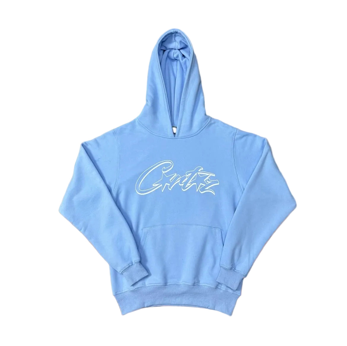 Sky Blue Script Logo Hoodie – Oversized Streetwear Pullover Sweatshirt