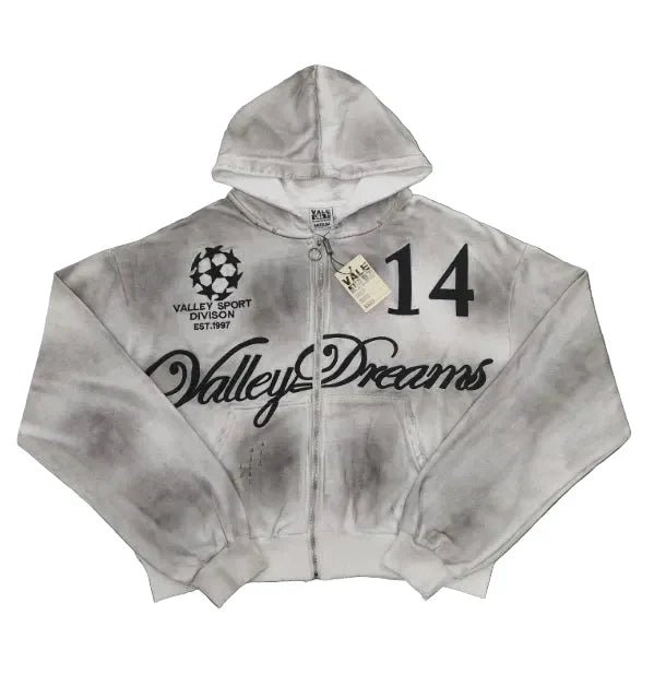 Valley Dreams No.14 Vintage Washed Cropped Zip‑Up Hoodie, Unisex Grey Streetwear Jacket Hover Image