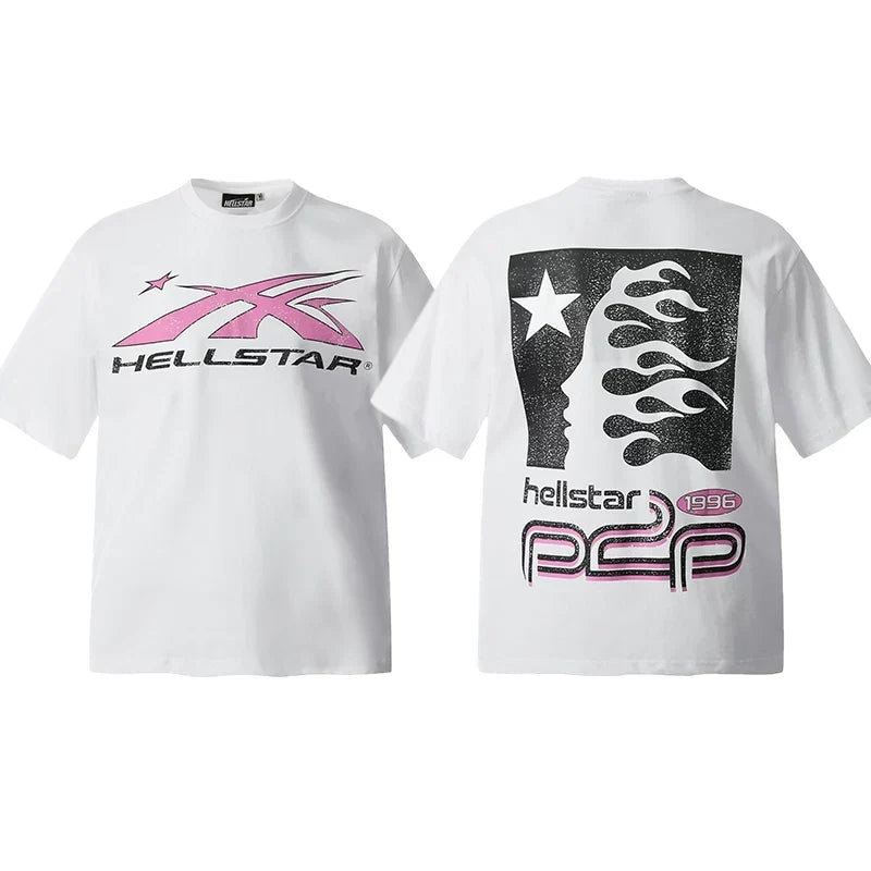 Hellstar White Pink Logo Flame Print Tee