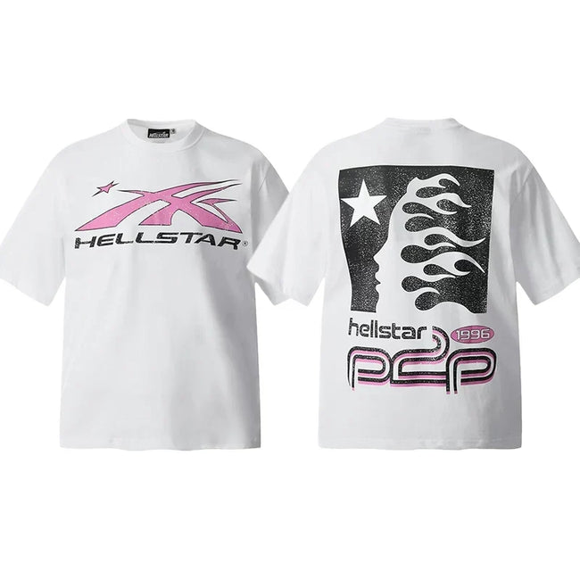 Hellstar White Pink Logo Flame Print Tee Hover Image