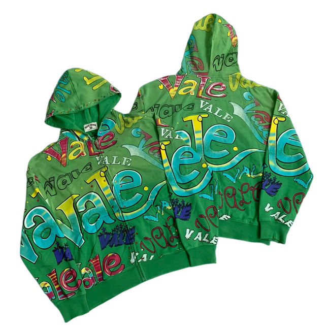 Valley All‑Over Graffiti Print Zip‑Up Hoodie, Unisex Green Vintage Streetwear Jacket Hover Image